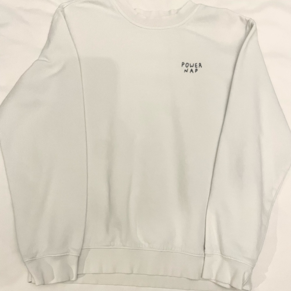 White Sweatshirt with Embroidered “Power Nap”